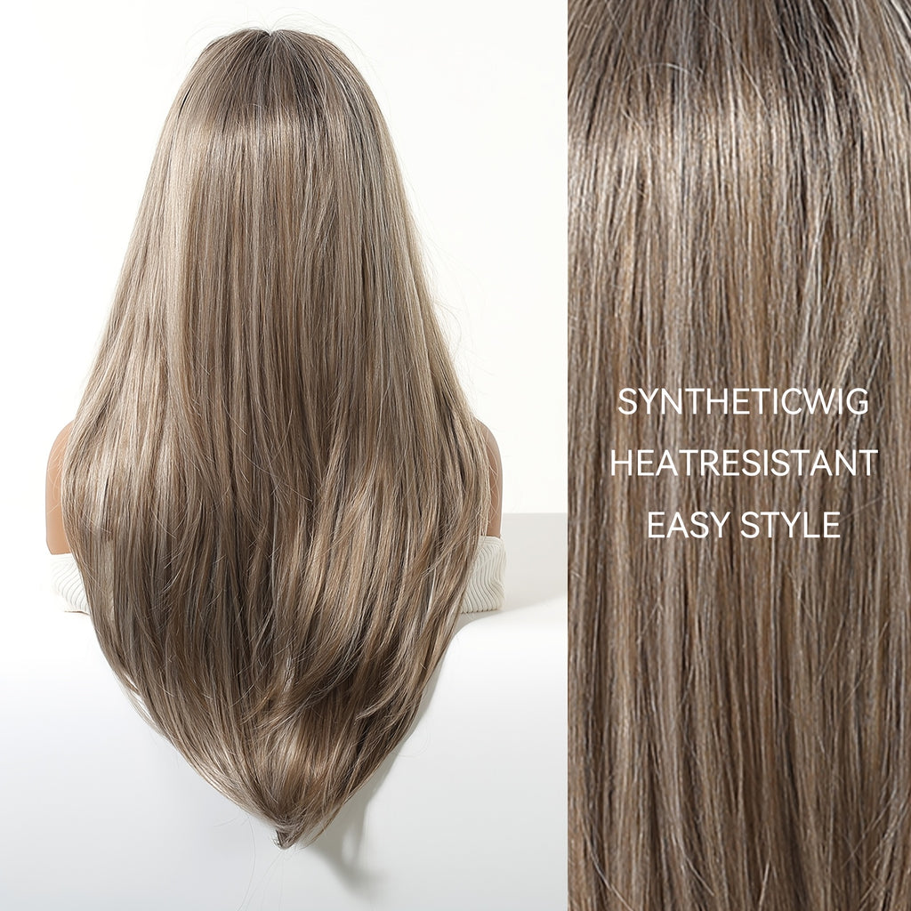 26-inch Light Brown Highlighted Straight Long Wig with Eight-Character Bangs - Smooth, Natural, Tangle-Free, Comfortable, Snug Fit, Easy to Wear - Stylish and Versatile Wig for Office Work, Office, or Girlfriend Gatherings - Creates a Great