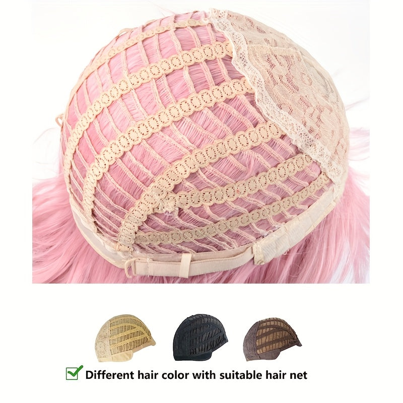 Women'S Pink Wig with Air Bangs, Wavy Rose Inner Net Short Curly Hair, Suitable for Cosplay Halloween Parties And Daily Wear