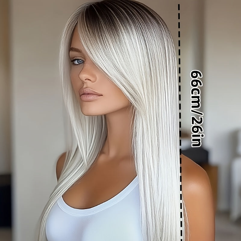 26-inch White Gradient Straight Hair with Bangs | High Temperature Fiber, Non-Frizzy, Ideal for Shopping, Photography, Festivals, Parties, and Gifts