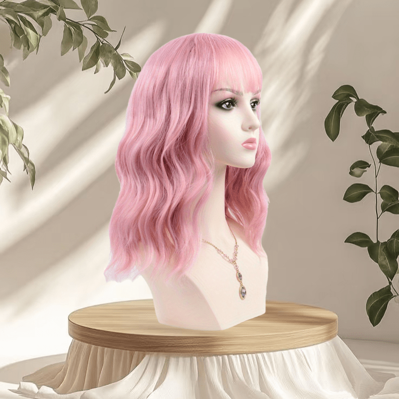 Women'S Pink Wig with Air Bangs, Wavy Rose Inner Net Short Curly Hair, Suitable for Cosplay Halloween Parties And Daily Wear