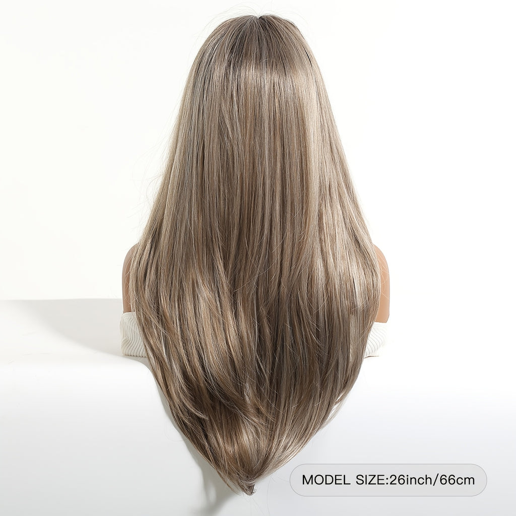 26-inch Light Brown Highlighted Straight Long Wig with Eight-Character Bangs - Smooth, Natural, Tangle-Free, Comfortable, Snug Fit, Easy to Wear - Stylish and Versatile Wig for Office Work, Office, or Girlfriend Gatherings - Creates a Great