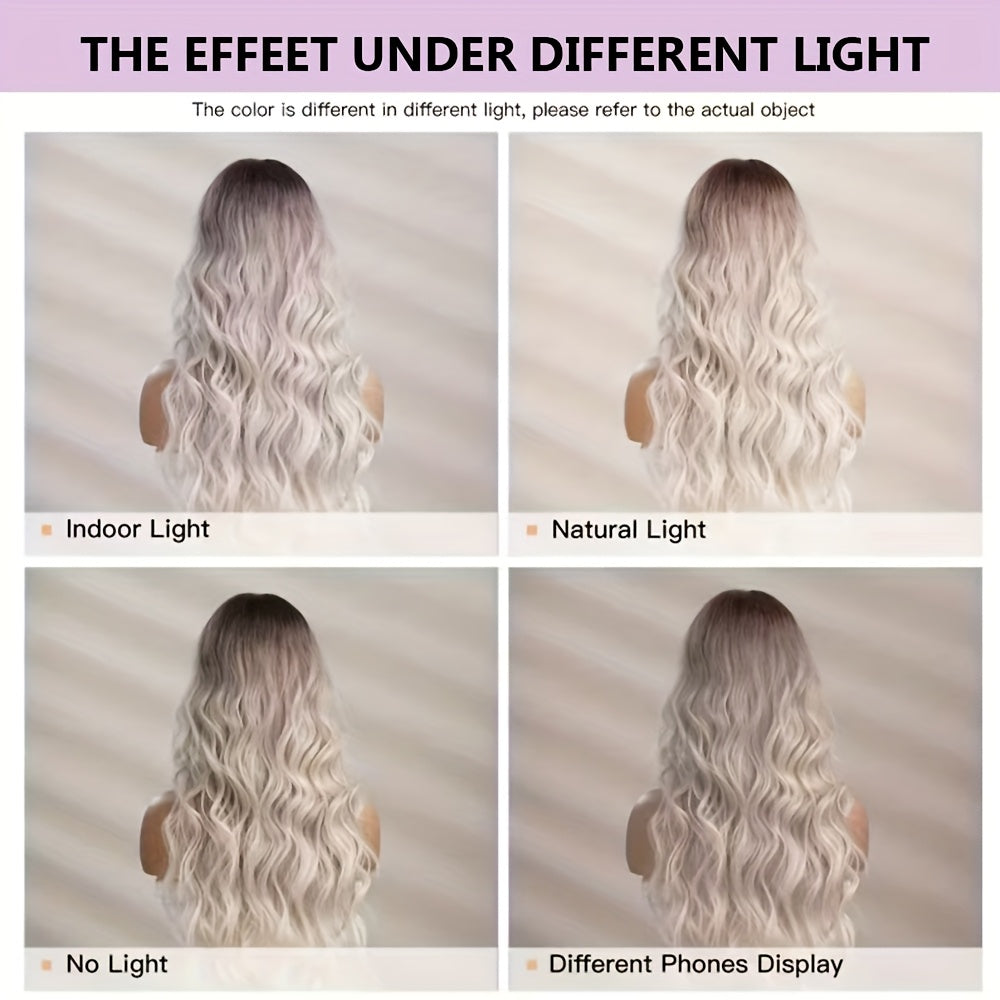 Resistant -Looking Blonde Balayage Wig with Bangs & Mid-parted Design - Gradient Gray\u002FBlonde\u002FWhite Long Curl Hairpiece, Rose Net Cap for, -Fiber Technology for Women (density, for Headbands)