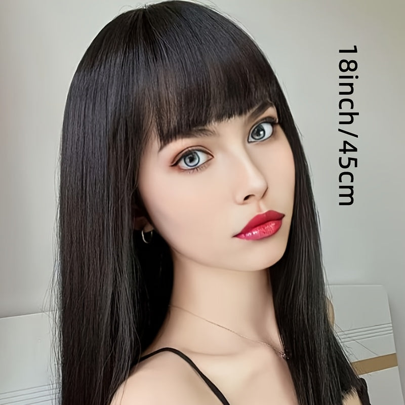 Women'S 18 Inch Long Straight Hair Wig with Bangs, Rose Net Cap, High Temperature Fiber, Easy to Wear, Everyday Style, Straight Hair, Suitable for Music Festivals, Christmas, Cosplay, and Casual Wear
