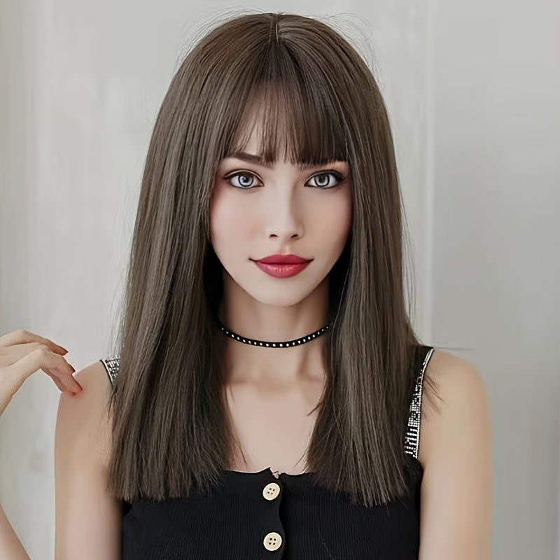 Women'S 18 Inch Long Straight Hair Wig with Bangs, Rose Net Cap, High Temperature Fiber, Easy to Wear, Everyday Style, Straight Hair, Suitable for Music Festivals, Christmas, Cosplay, and Casual Wear