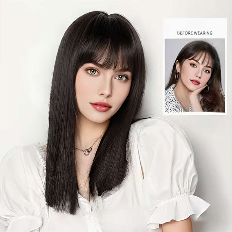 Women'S 18 Inch Long Straight Hair Wig with Bangs, Rose Net Cap, High Temperature Fiber, Easy to Wear, Everyday Style, Straight Hair, Suitable for Music Festivals, Christmas, Cosplay, and Casual Wear