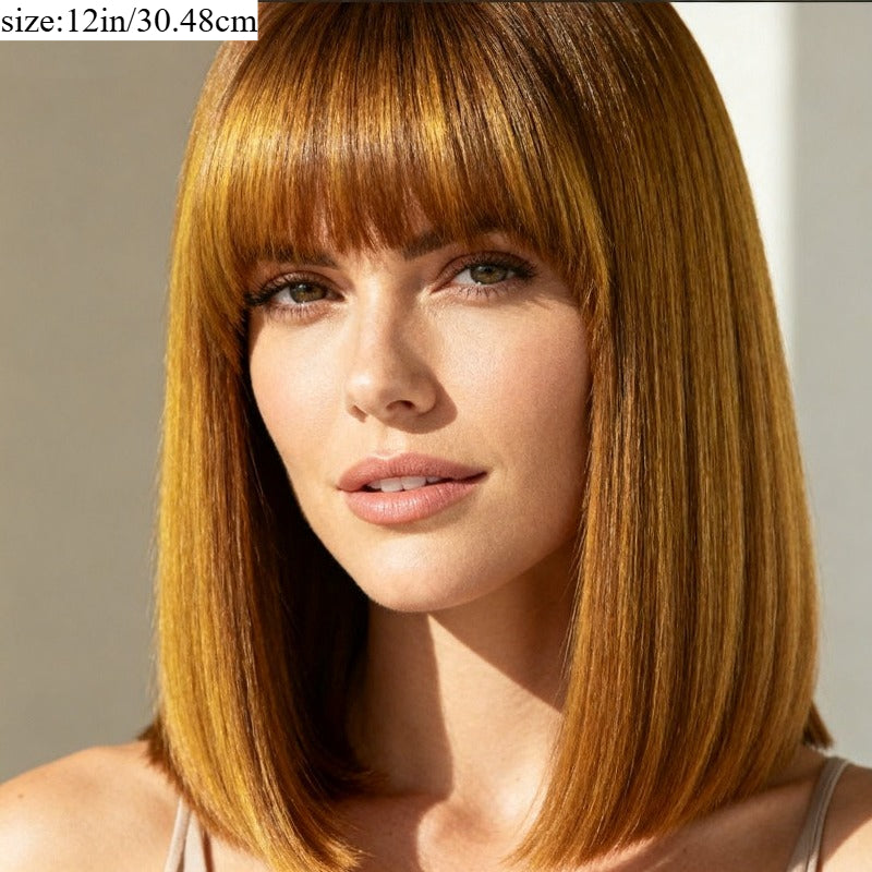 Light brown wig with bangs, 12in short and easy to store straight hair, slightly curled ends. Suitable for all women for Halloween, Music Festival and Christmas costume wigs