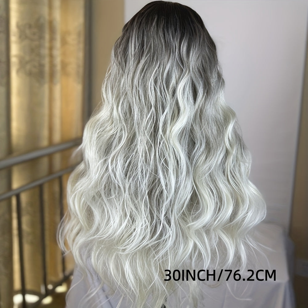 Resistant -Looking Blonde Balayage Wig with Bangs & Mid-parted Design - Gradient Gray\u002FBlonde\u002FWhite Long Curl Hairpiece, Rose Net Cap for, -Fiber Technology for Women (density, for Headbands)