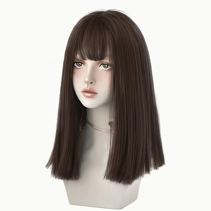 Women'S 18 Inch Long Straight Hair Wig with Bangs, Rose Net Cap, High Temperature Fiber, Easy to Wear, Everyday Style, Straight Hair, Suitable for Music Festivals, Christmas, Cosplay, and Casual Wear