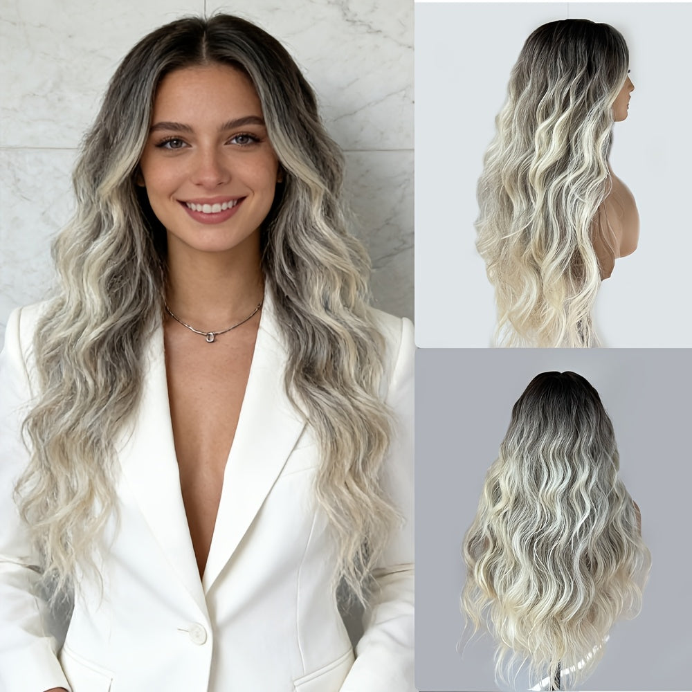 Resistant -Looking Blonde Balayage Wig with Bangs & Mid-parted Design - Gradient Gray\u002FBlonde\u002FWhite Long Curl Hairpiece, Rose Net Cap for, -Fiber Technology for Women (density, for Headbands)