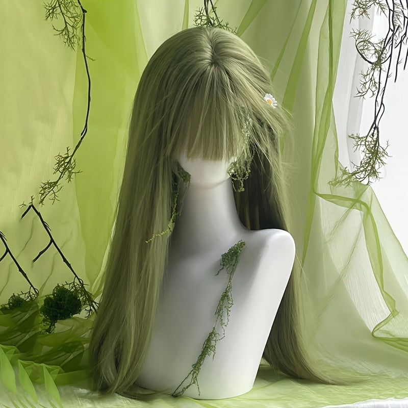26-inch Green Women'S Festival Costume Wig | Straight Long Hair with Bangs, Rose Net with Fake Scalp, High Temperature Fiber, Perfect for Holiday Music Festivals and Parties