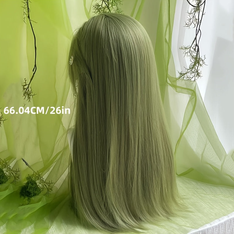 26-inch Green Women'S Festival Costume Wig | Straight Long Hair with Bangs, Rose Net with Fake Scalp, High Temperature Fiber, Perfect for Holiday Music Festivals and Parties