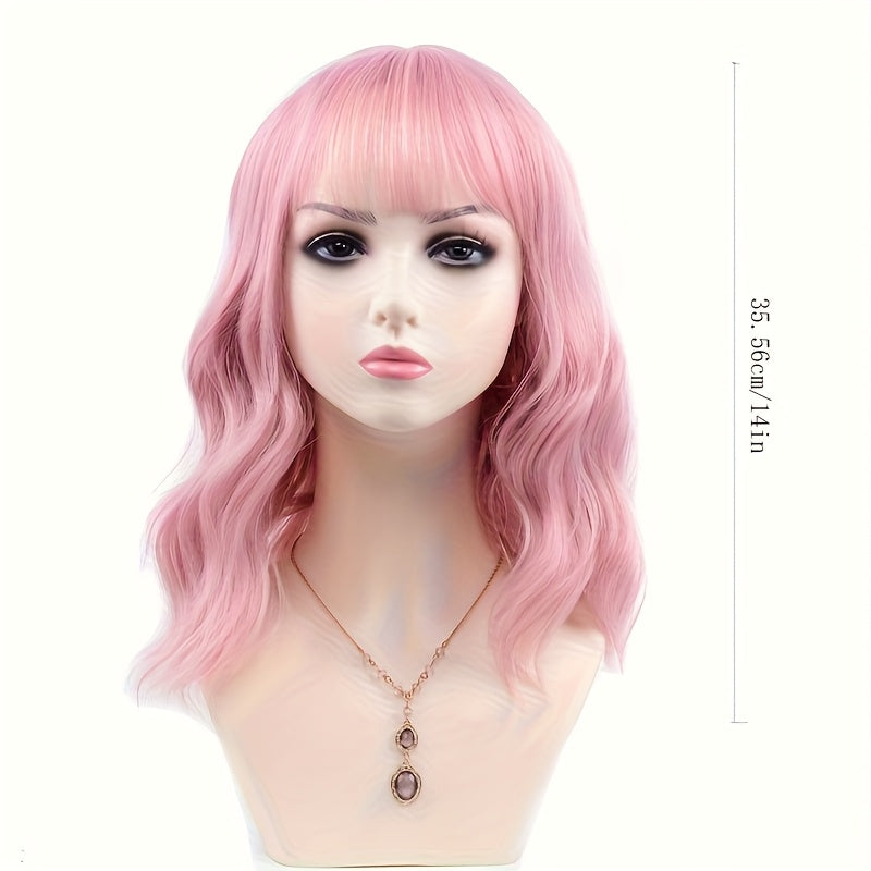Women'S Pink Wig with Air Bangs, Wavy Rose Inner Net Short Curly Hair, Suitable for Cosplay Halloween Parties And Daily Wear