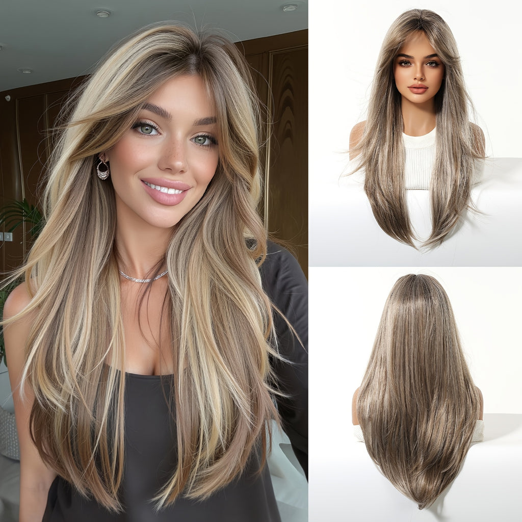 26-inch Light Brown Highlighted Straight Long Wig with Eight-Character Bangs - Smooth, Natural, Tangle-Free, Comfortable, Snug Fit, Easy to Wear - Stylish and Versatile Wig for Office Work, Office, or Girlfriend Gatherings - Creates a Great