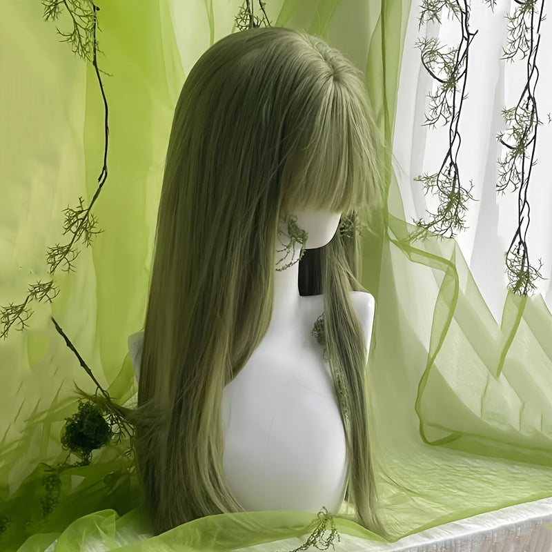 26-inch Green Women'S Festival Costume Wig | Straight Long Hair with Bangs, Rose Net with Fake Scalp, High Temperature Fiber, Perfect for Holiday Music Festivals and Parties