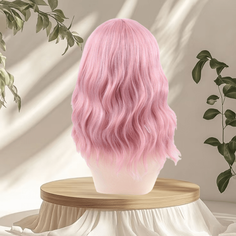 Women'S Pink Wig with Air Bangs, Wavy Rose Inner Net Short Curly Hair, Suitable for Cosplay Halloween Parties And Daily Wear