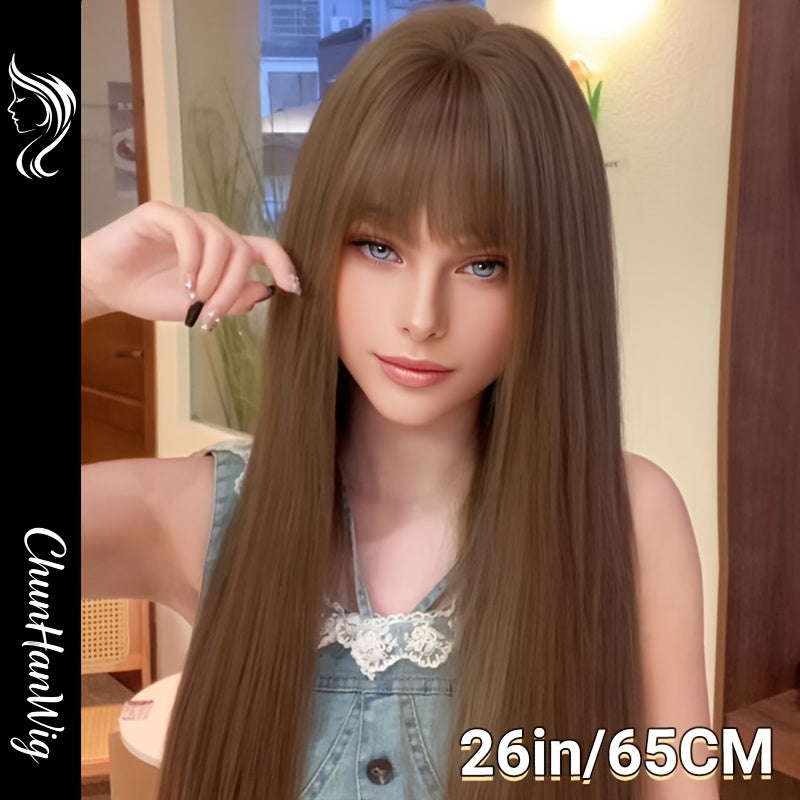 Mature European and American Style Women's Wig, Dark Brown, Straight Long Hair with Bangs, 26 Inches, Elegant European and American Style, Warm Brown Base Color, Suitable for Festivals, Parties, Daily Photos, Dates, Fluffy, Breathable, Comfortable