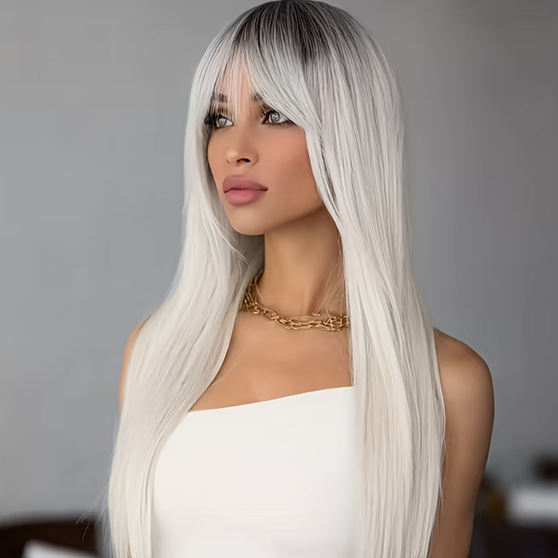 26-inch White Gradient Straight Hair with Bangs | High Temperature Fiber, Non-Frizzy, Ideal for Shopping, Photography, Festivals, Parties, and Gifts