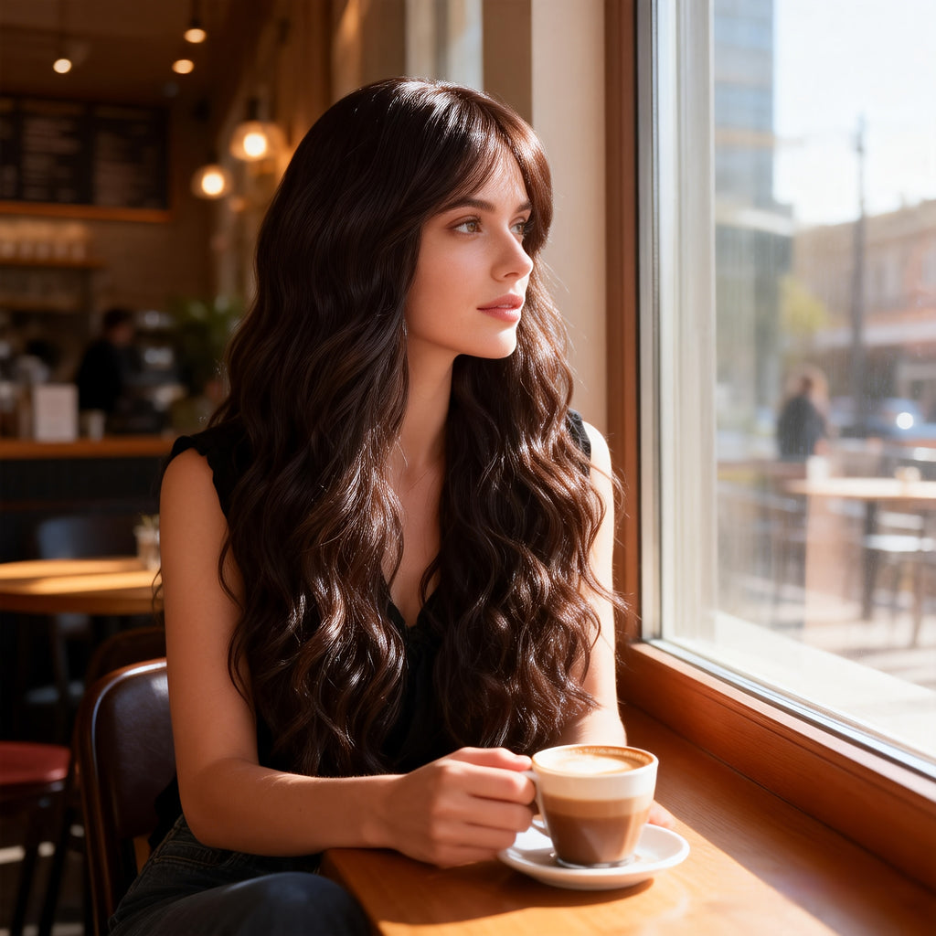 GOLDEN MEMORIES Long Wavy Black Wigs for Women | Synthetic Hair, Heat Resistant, Brunette, Rose Net Cap, Water Wave Curl for Daily Party Cosplay Use