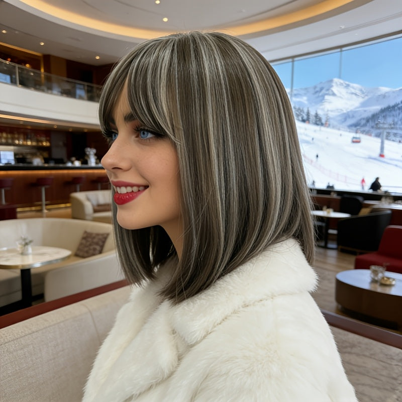 Women' & Unisex BOB Straight Wig with Bangs & Layered Hair - Heat-Resistant Wig Cap Suitable for Daily Commuting, Cosplay, Dating, Cap for Volume, Gray\u002FWhite Hairpiece for Bob Wigs, Affordable for Skin Tones