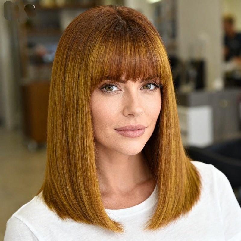 Light brown wig with bangs, 12in short and easy to store straight hair, slightly curled ends. Suitable for all women for Halloween, Music Festival and Christmas costume wigs
