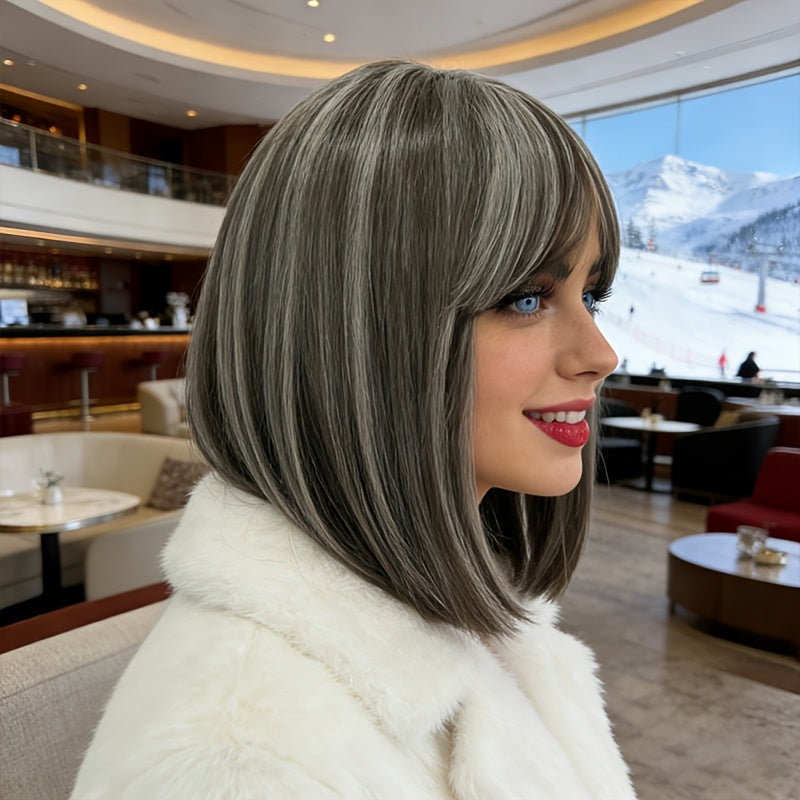 Women' & Unisex BOB Straight Wig with Bangs & Layered Hair - Heat-Resistant Wig Cap Suitable for Daily Commuting, Cosplay, Dating, Cap for Volume, Gray\u002FWhite Hairpiece for Bob Wigs, Affordable for Skin Tones