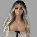 Resistant -Looking Blonde Balayage Wig with Bangs & Mid-parted Design - Gradient Gray\u002FBlonde\u002FWhite Long Curl Hairpiece, Rose Net Cap for, -Fiber Technology for Women (density, for Headbands)