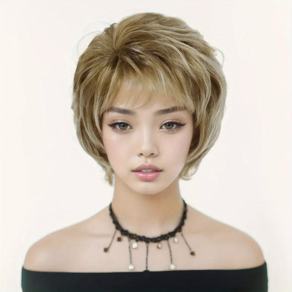 4-Inch Short Curly Wig for Women in Mixed Blonde Shades, Featuring Bangs, Suitable for Everyday Wear And Cosplay for Drag Queens