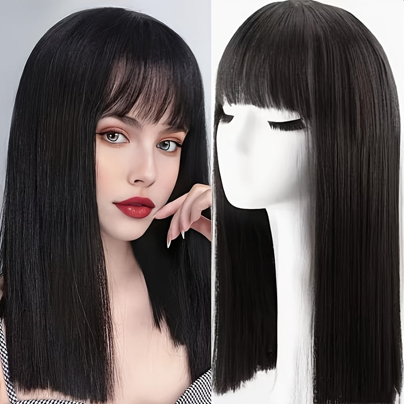 Women'S 18 Inch Long Straight Hair Wig with Bangs, Rose Net Cap, High Temperature Fiber, Easy to Wear, Everyday Style, Straight Hair, Suitable for Music Festivals, Christmas, Cosplay, and Casual Wear
