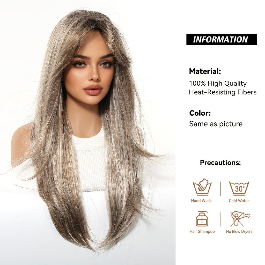 26-inch Light Brown Highlighted Straight Long Wig with Eight-Character Bangs - Smooth, Natural, Tangle-Free, Comfortable, Snug Fit, Easy to Wear - Stylish and Versatile Wig for Office Work, Office, or Girlfriend Gatherings - Creates a Great