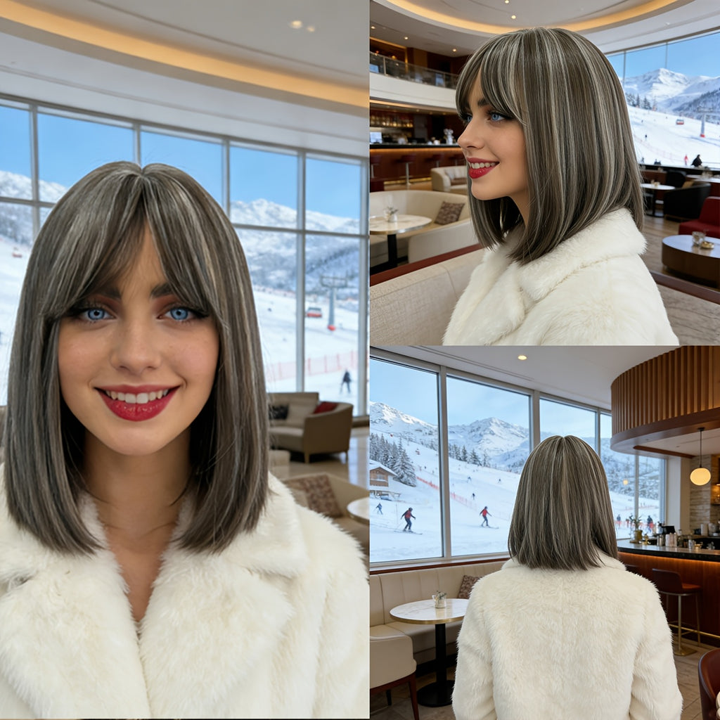 Women' & Unisex BOB Straight Wig with Bangs & Layered Hair - Heat-Resistant Wig Cap Suitable for Daily Commuting, Cosplay, Dating, Cap for Volume, Gray\u002FWhite Hairpiece for Bob Wigs, Affordable for Skin Tones