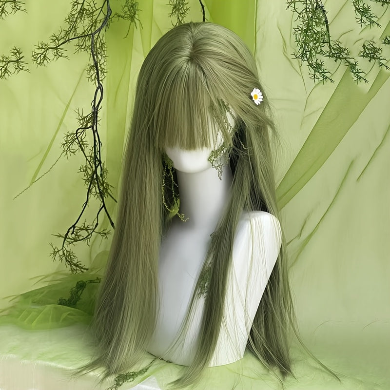 26-inch Green Women'S Festival Costume Wig | Straight Long Hair with Bangs, Rose Net with Fake Scalp, High Temperature Fiber, Perfect for Holiday Music Festivals and Parties