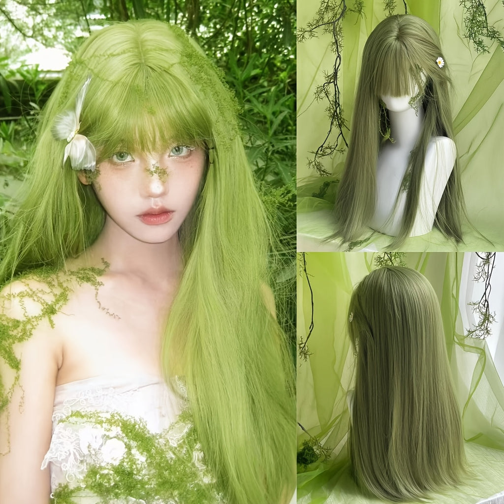 26-inch Green Women'S Festival Costume Wig | Straight Long Hair with Bangs, Rose Net with Fake Scalp, High Temperature Fiber, Perfect for Holiday Music Festivals and Parties