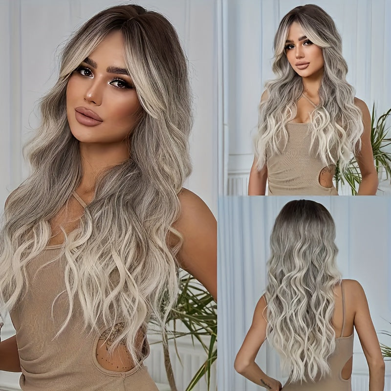 Resistant -Looking Blonde Balayage Wig with Bangs & Mid-parted Design - Gradient Gray\u002FBlonde\u002FWhite Long Curl Hairpiece, Rose Net Cap for, -Fiber Technology for Women (density, for Headbands)