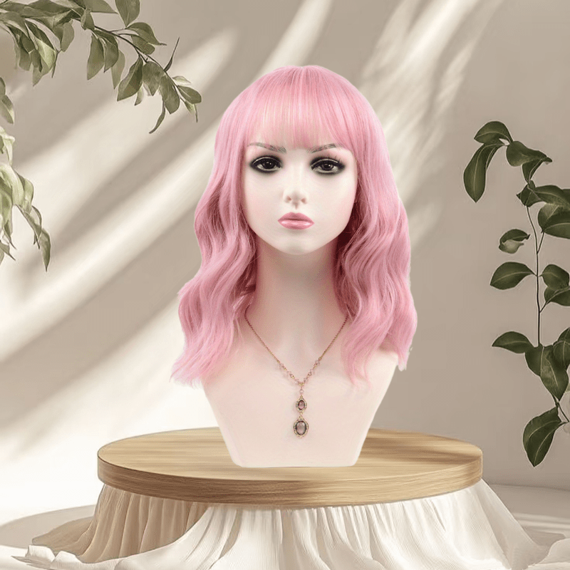 Women'S Pink Wig with Air Bangs, Wavy Rose Inner Net Short Curly Hair, Suitable for Cosplay Halloween Parties And Daily Wear