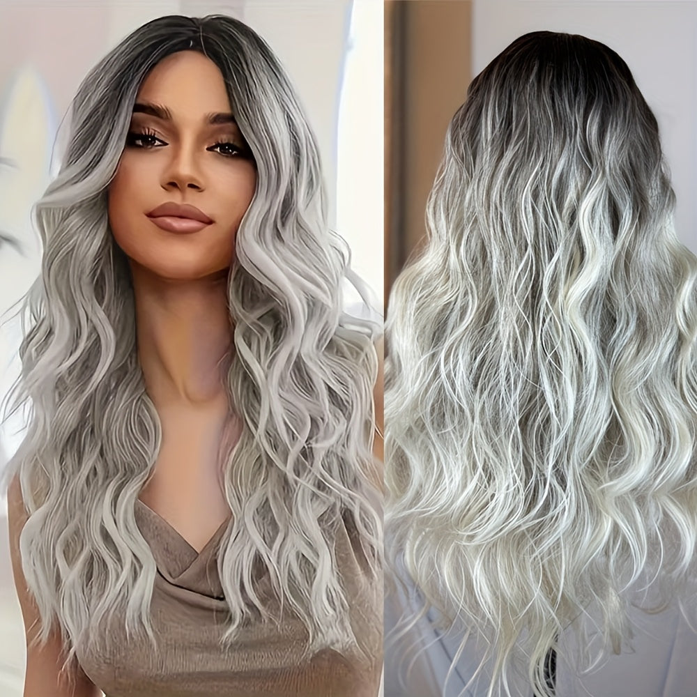 Resistant -Looking Blonde Balayage Wig with Bangs & Mid-parted Design - Gradient Gray\u002FBlonde\u002FWhite Long Curl Hairpiece, Rose Net Cap for, -Fiber Technology for Women (density, for Headbands)