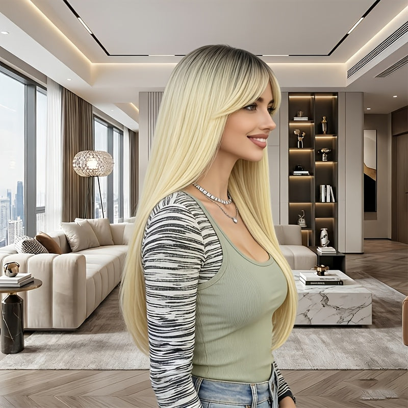 Women's Golden Heat-resistant Fiber and Natural Synthetic Hair Wig with Rose Net Cap - Full Head Wig, Layered Texture, Natural Gradient Golden, Suitable for Halloween and Casual Attire - Comfortable and Durable - Easy to Maintain - Seamless Removal