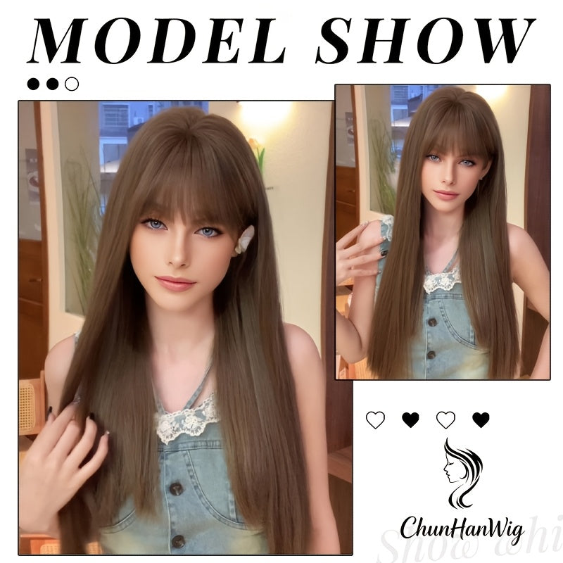 Mature European and American Style Women's Wig, Dark Brown, Straight Long Hair with Bangs, 26 Inches, Elegant European and American Style, Warm Brown Base Color, Suitable for Festivals, Parties, Daily Photos, Dates, Fluffy, Breathable, Comfortable