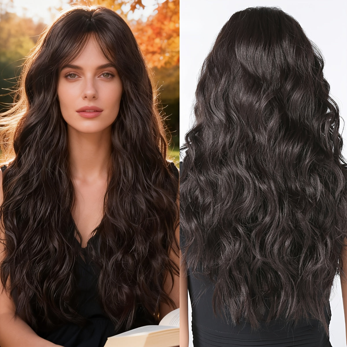 GOLDEN MEMORIES Long Wavy Black Wigs for Women | Synthetic Hair, Heat Resistant, Brunette, Rose Net Cap, Water Wave Curl for Daily Party Cosplay Use