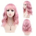 Women'S Pink Wig with Air Bangs, Wavy Rose Inner Net Short Curly Hair, Suitable for Cosplay Halloween Parties And Daily Wear