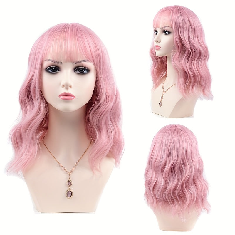 Women'S Pink Wig with Air Bangs, Wavy Rose Inner Net Short Curly Hair, Suitable for Cosplay Halloween Parties And Daily Wear