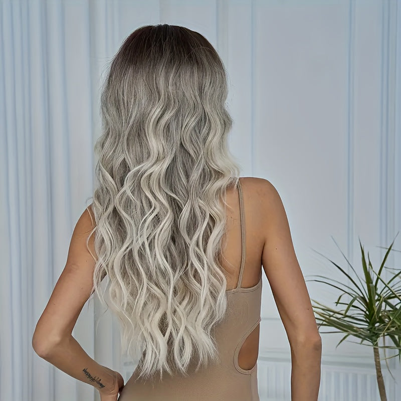 Resistant -Looking Blonde Balayage Wig with Bangs & Mid-parted Design - Gradient Gray\u002FBlonde\u002FWhite Long Curl Hairpiece, Rose Net Cap for, -Fiber Technology for Women (density, for Headbands)