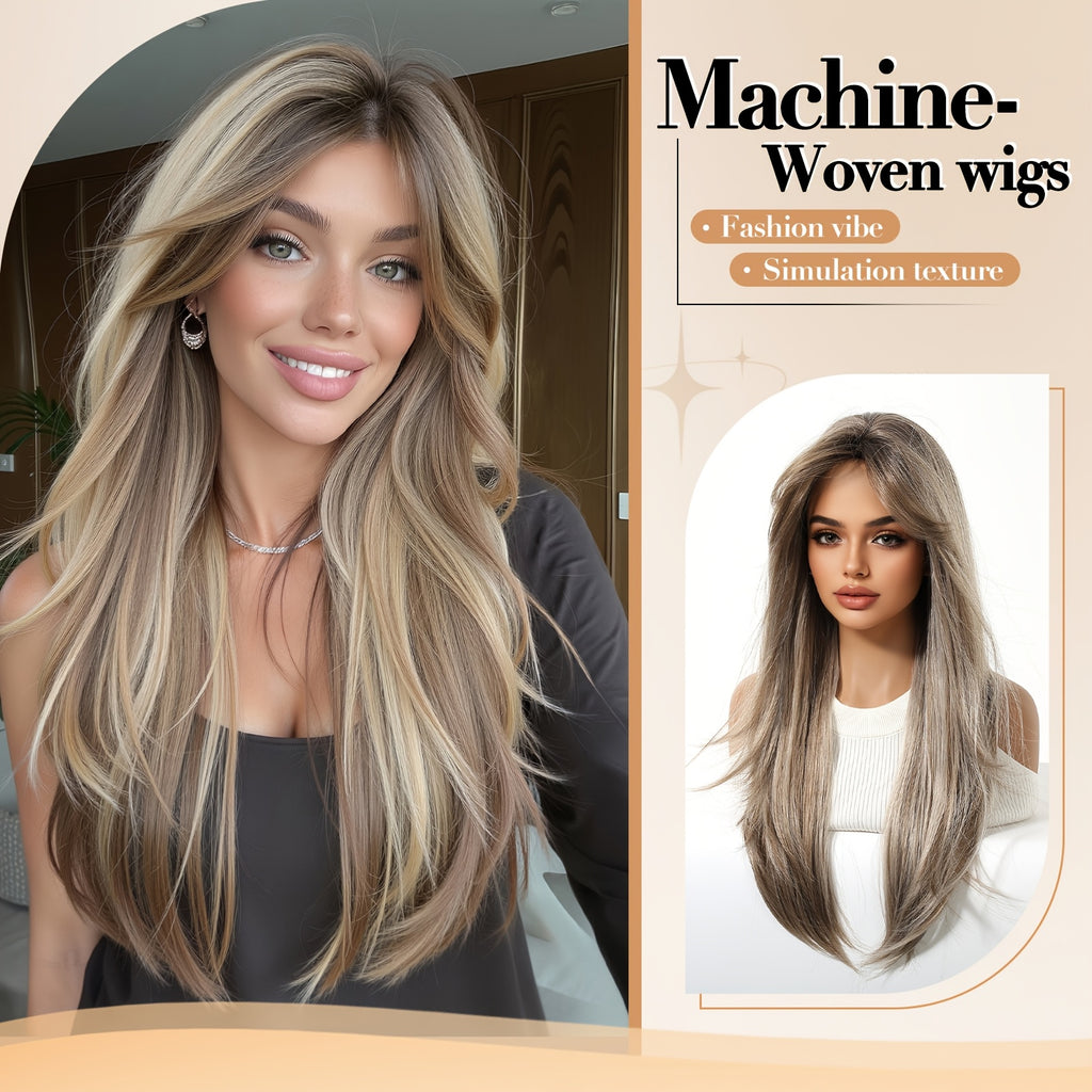 26-inch Light Brown Highlighted Straight Long Wig with Eight-Character Bangs - Smooth, Natural, Tangle-Free, Comfortable, Snug Fit, Easy to Wear - Stylish and Versatile Wig for Office Work, Office, or Girlfriend Gatherings - Creates a Great