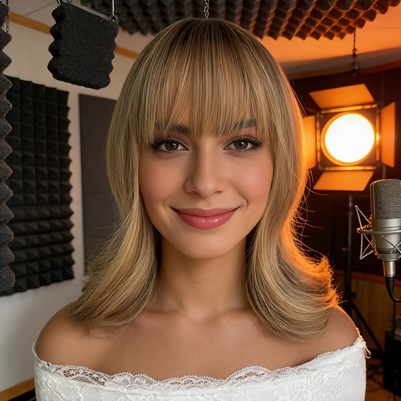 Women's -Looking European Straight Synthetic Wig Suitable for Skin Tones - Deep Brown Parted Bangs Full Head Lace-Free Machine-Made Wig with Rose Net for Daily Wear, Parties, Birthdays & Special Occasions | Wig for Parties & Gifts