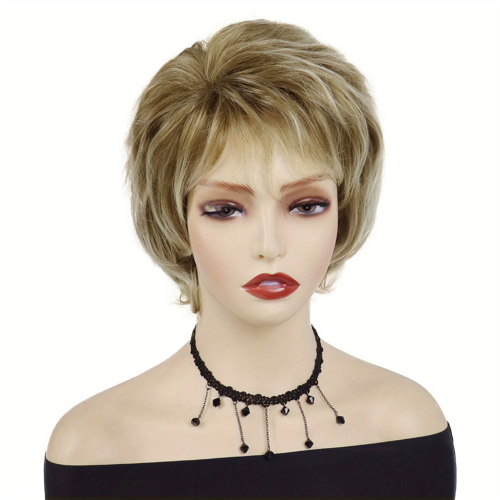 4-Inch Short Curly Wig for Women in Mixed Blonde Shades, Featuring Bangs, Suitable for Everyday Wear And Cosplay for Drag Queens