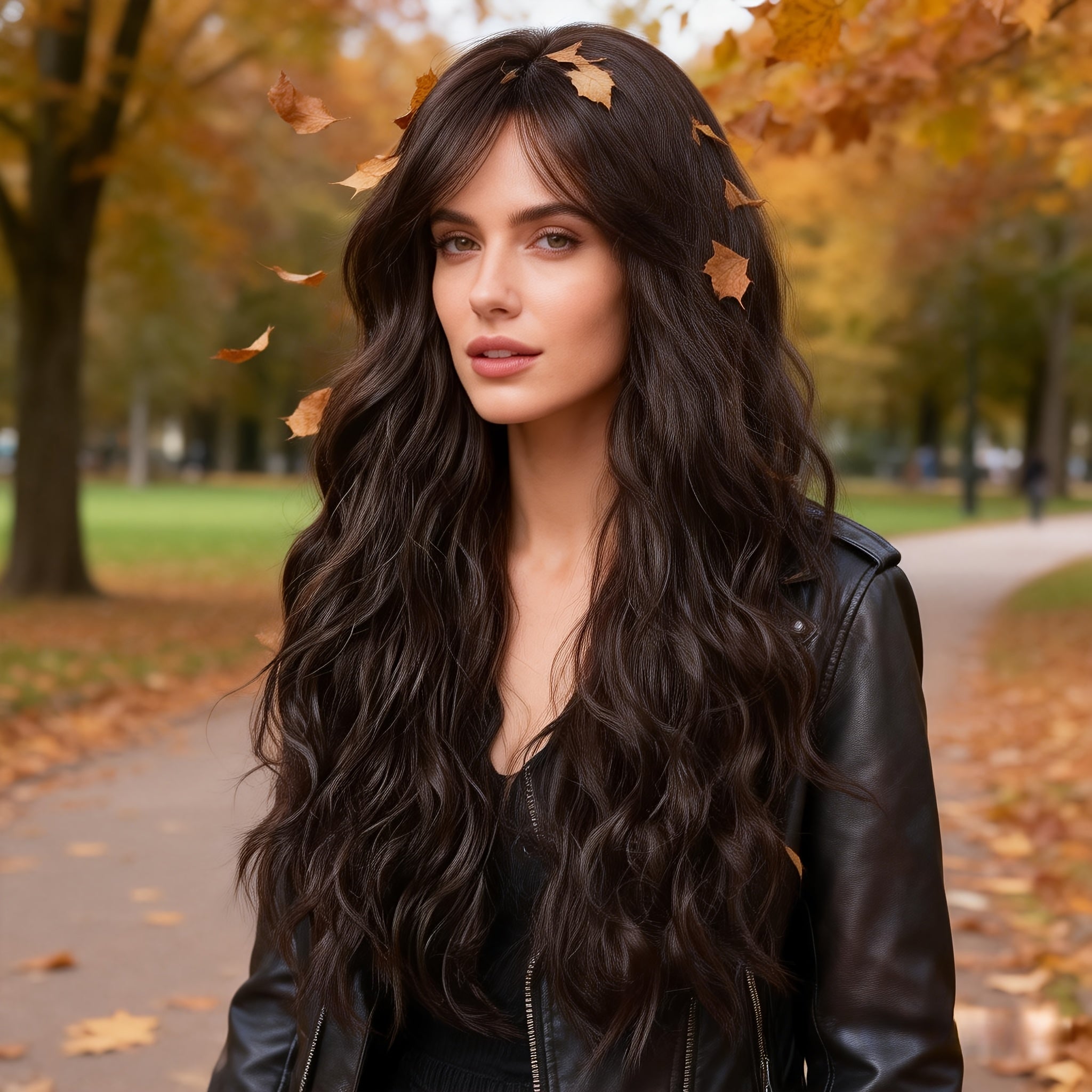 GOLDEN MEMORIES Long Wavy Black Wigs for Women | Synthetic Hair, Heat Resistant, Brunette, Rose Net Cap, Water Wave Curl for Daily Party Cosplay Use