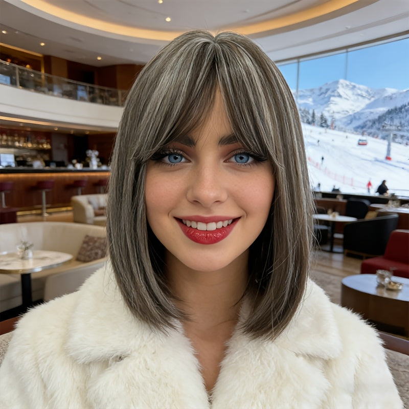 Women' & Unisex BOB Straight Wig with Bangs & Layered Hair - Heat-Resistant Wig Cap Suitable for Daily Commuting, Cosplay, Dating, Cap for Volume, Gray\u002FWhite Hairpiece for Bob Wigs, Affordable for Skin Tones