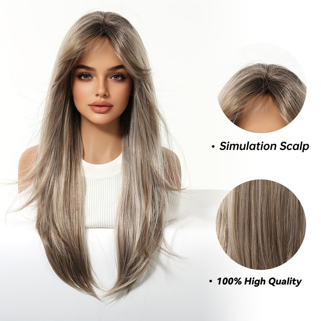 26-inch Light Brown Highlighted Straight Long Wig with Eight-Character Bangs - Smooth, Natural, Tangle-Free, Comfortable, Snug Fit, Easy to Wear - Stylish and Versatile Wig for Office Work, Office, or Girlfriend Gatherings - Creates a Great