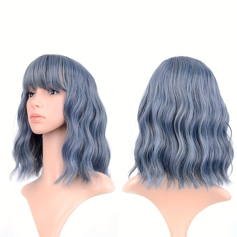 Women'S Pink Wig with Air Bangs, Wavy Rose Inner Net Short Curly Hair, Suitable for Cosplay Halloween Parties And Daily Wear