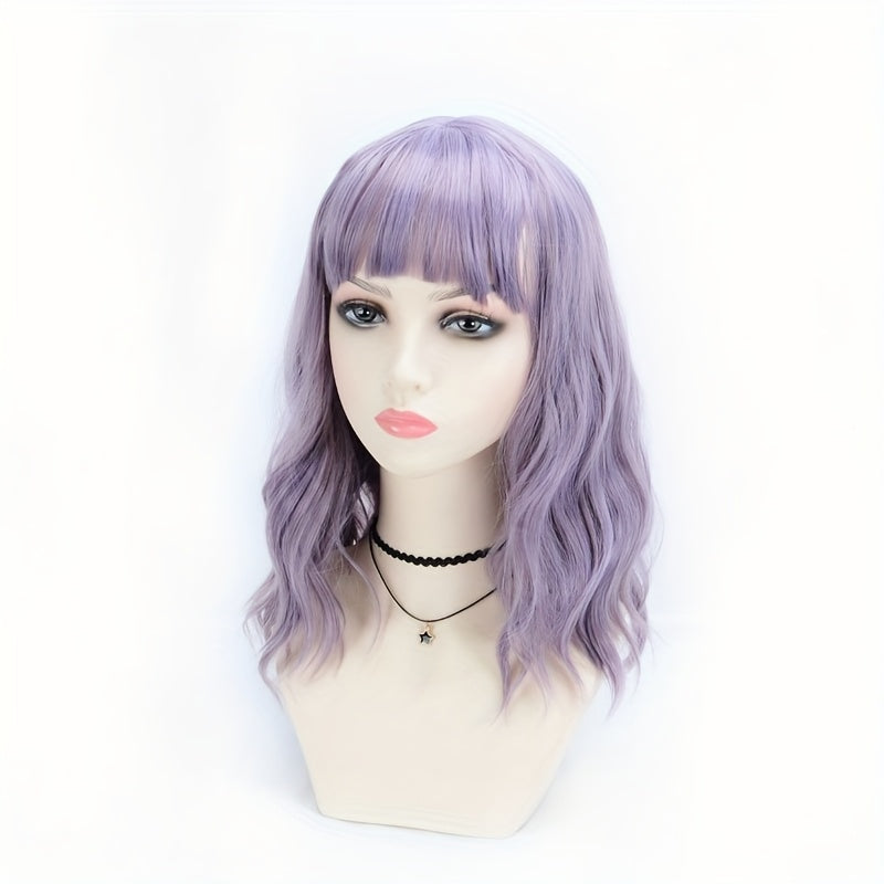 Women'S Pink Wig with Air Bangs, Wavy Rose Inner Net Short Curly Hair, Suitable for Cosplay Halloween Parties And Daily Wear