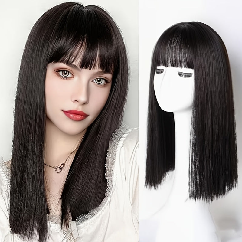 Women'S 18 Inch Long Straight Hair Wig with Bangs, Rose Net Cap, High Temperature Fiber, Easy to Wear, Everyday Style, Straight Hair, Suitable for Music Festivals, Christmas, Cosplay, and Casual Wear